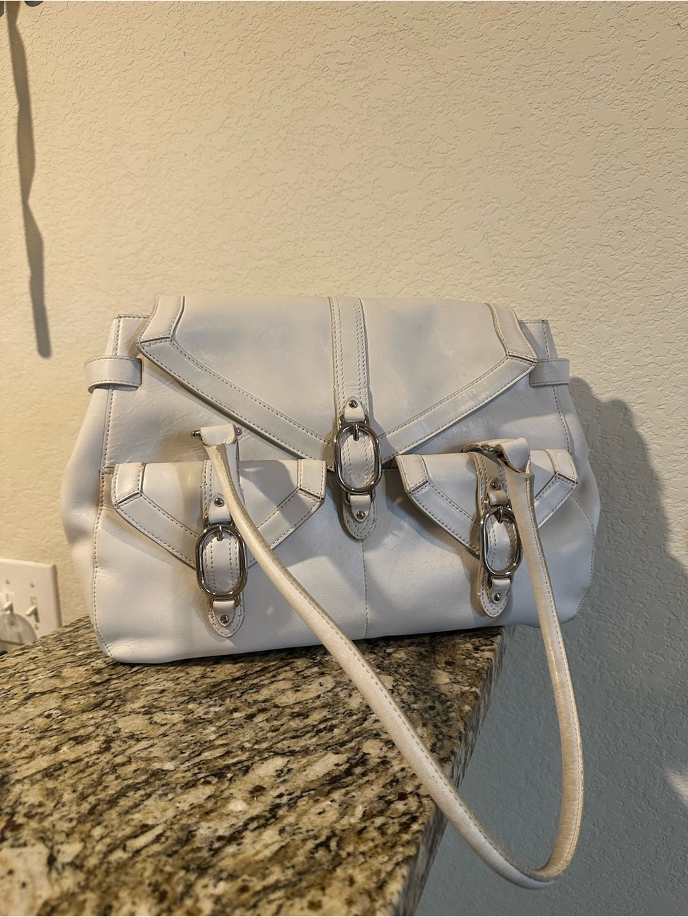 Cole Haan White Leather Shoulder Bag with Silver Buckle Accents